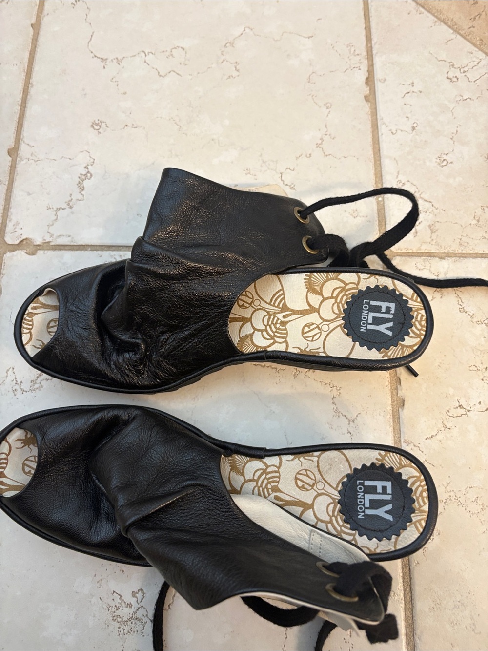 Fly London Black Leather Open-Toe Lace-Up Mules with Patterned Insole